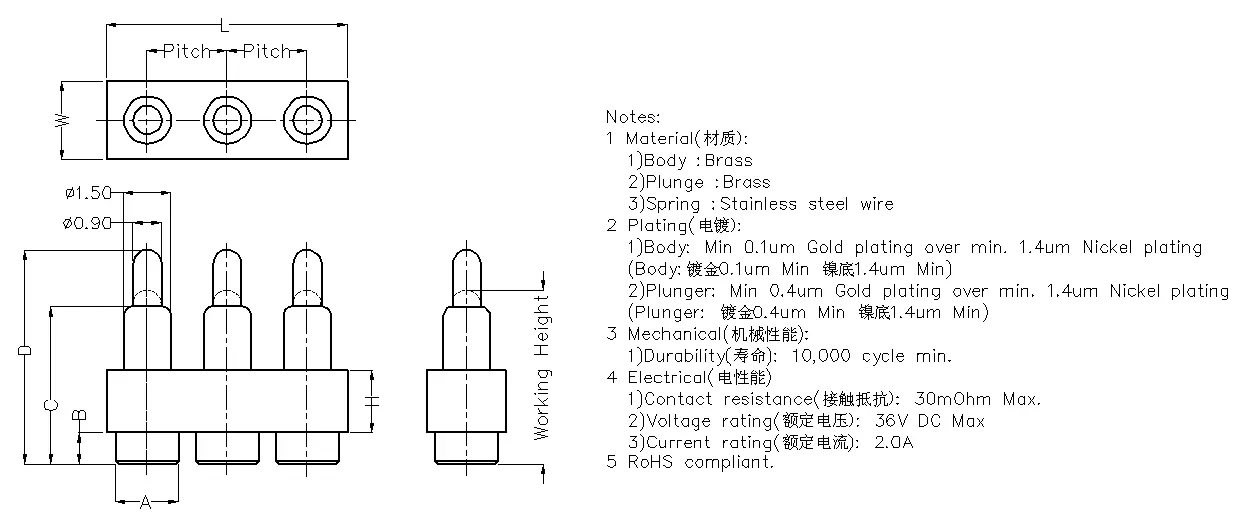 3Pin平底式Pogo Pin连接器 |贴片式弹簧针连接器| 防腐蚀、低阻抗 |  支持定制3P直立